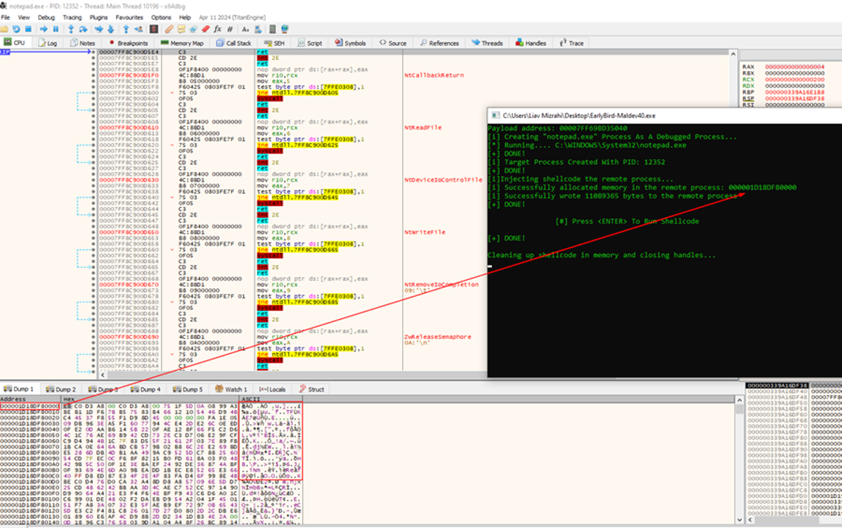 Figure 5 - Using x64dbg debugger to view the shellcode that was injected to the child process